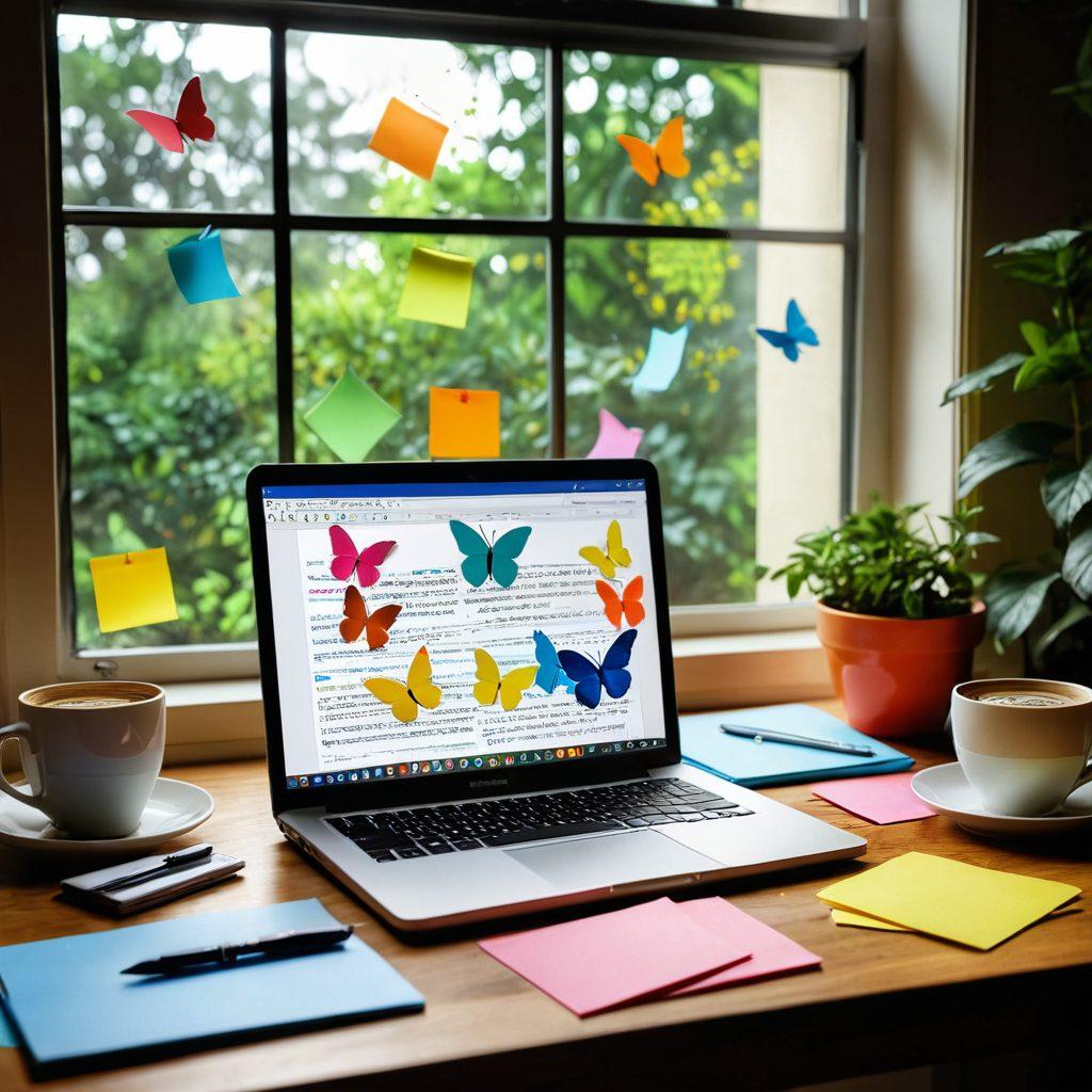 A vibrant and dynamic workspace featuring an open laptop with a glowing blog post on the screen, surrounded by colorful sticky notes and a steaming cup of coffee. A pen in hand, eagerly jotting down ideas on a notepad, while a window showcases an inspiring outdoor view with greenery. Elements representing creativity and transformation, like butterflies fluttering around. super-realistic. vibrant colors. bright background.