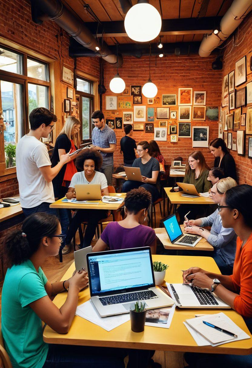 A vibrant community of diverse individuals engaging in a digital space, surrounded by colorful blog posts floating in the air, laptops and tablets open with personal journals displayed. A warm and inviting atmosphere with bright colors symbolizing creativity and connection, illustrating the joy of sharing stories and experiences online. super-realistic. vibrant colors. digital art.