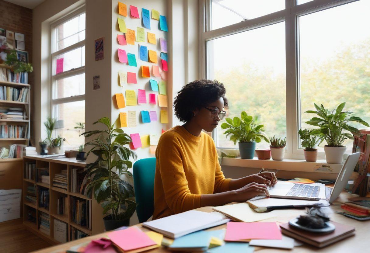A person sitting at a desk with a laptop, surrounded by colorful sticky notes and books on writing and creativity. The backdrop features a bright window with sunlight streaming in, symbolizing inspiration. Incorporate elements like a microphone, a notebook filled with ideas, and a quirky plant to enhance the creative vibe. vibrant colors. super-realistic.
